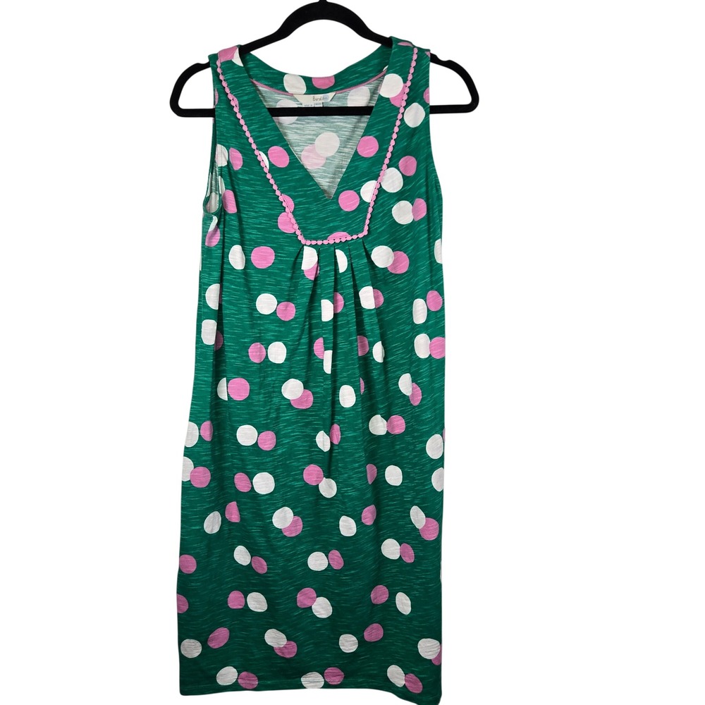 Boden Green Pink Polka Dot V-Neck Sleeveless Pom Pom Trim Shift Dress US 8R